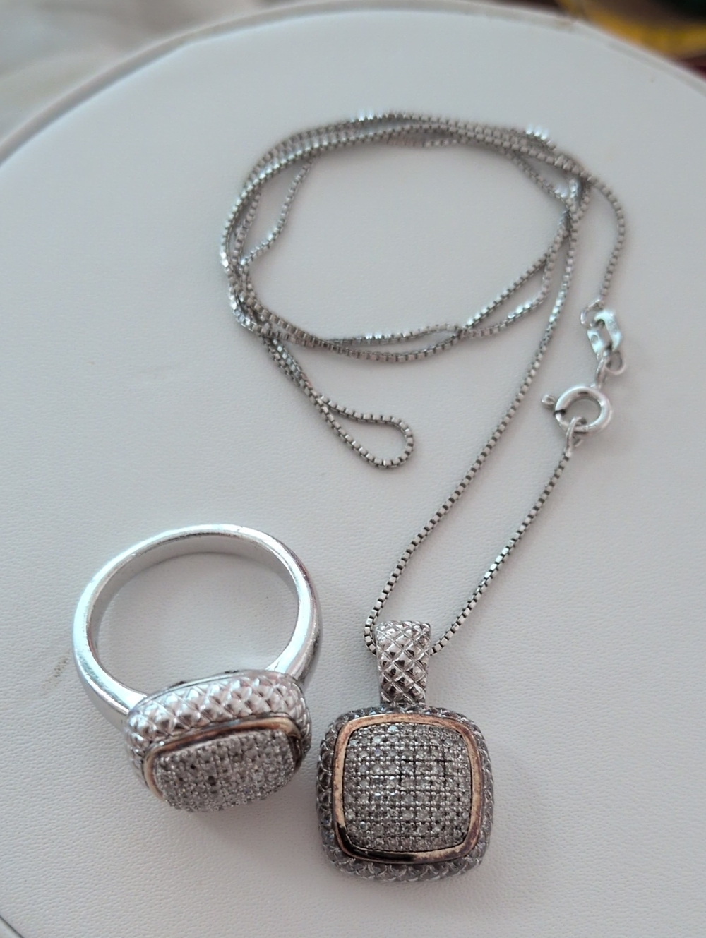 Sterling Silver Square Pendant Necklace and Ring Set With Diamonds